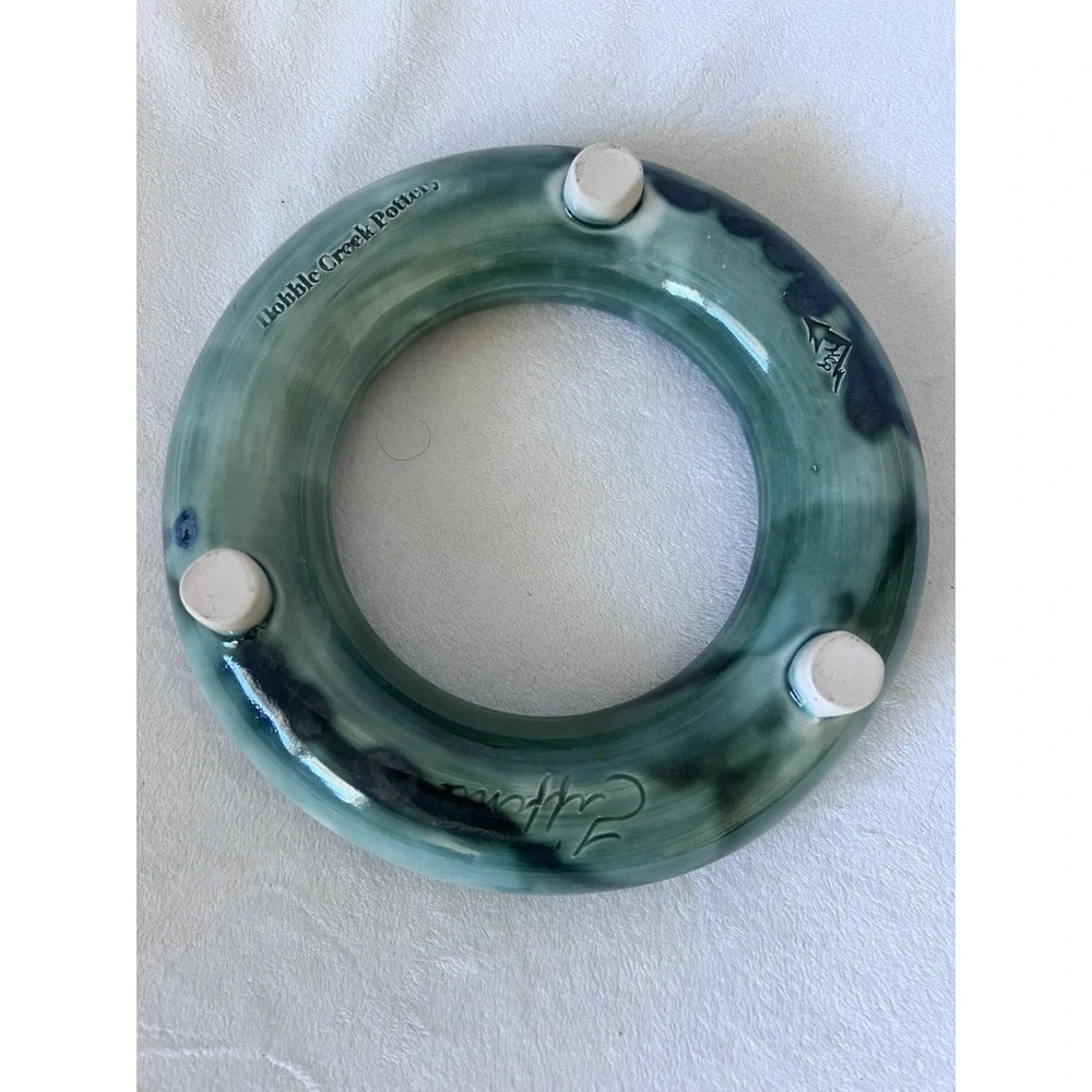Pottery Ikebana Ring Vase Artist Signed Natural Minimalist Blue Green MCM